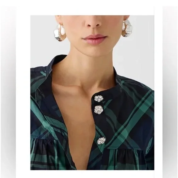 NWT J. Crew Women’s Fresco Top with Jewel Buttons Black Watch Tartan Holiday - Picture 4 of 10